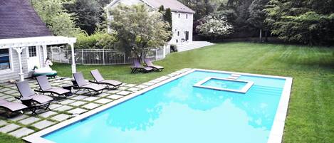 Heated custom gunite Pool & Hot Tub w/ marble dust finish overlooks massive lawn