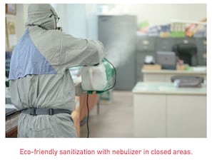 Eco-friendly sanitization with nebulizer in closed areas.
