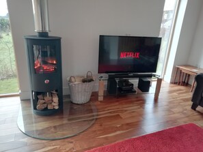 Wood burning stove and Netflix on TV