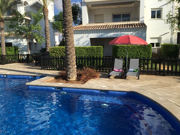 Provided lounge chairs, umbrella with base and very strong WIFI by pool