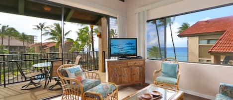 Living room with picture window out to the ocean.