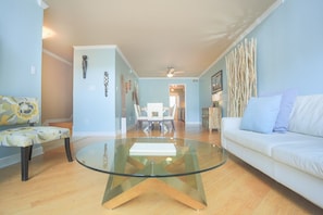 The open floor plan stretches into the dining room.