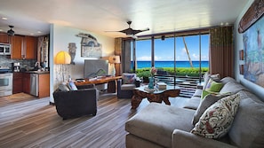 Poipu Makai #C1 - Oceanfront Living Room & Lanai View - Parrish Kauai