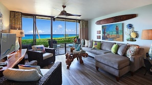 Poipu Makai #C1 - Oceanfront Living Room - Parrish Kauai