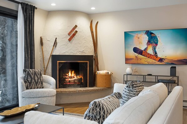 Cozy up to the gas fireplace and enjoy a movie.