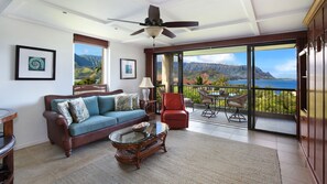 Hanalei Bay Resort #32012 - Ocean & Bali Hai Mountain View Living Room & Lanai - Parrish Kauai