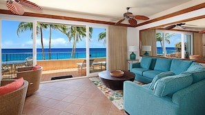 Whalers Cove at Koloa Landing #137 - Oceanfront Living Room & Lanai View - Parrish Kauai