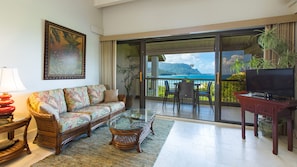 Hanalei Bay Resort #33056 - Ocean & Bali Hai Mountain View Living Room & Lanai - Parrish Kauai