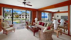 Poipu Kapili Resort #42 - Living Room & Lanai Pool View - Parrish Kauai
