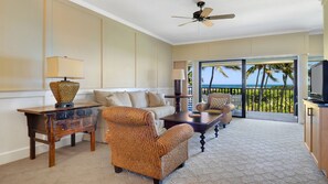 Poipu Sands at Poipu Kai Resort #234 - Ocean View Living Room & Lanai - Parrish Kauai