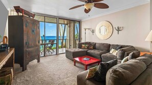 Poipu Makai #A2 - Oceanfront Living Room & Lanai View - Parrish Kauai