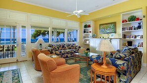 Hale Ani at Brennecke Beach - Oceanfront Living Room & Lanai View - Parrish Kauai