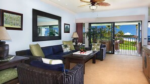 Poipu Sands at Poipu Kai Resort #525 - Oceanfront Living Room & Lanai Shipwrecks View - Parrish Kauai