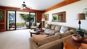 Poipu Kapili Resort #19 - Partial Ocean View Living Room & Lanai View - Parrish Kauai