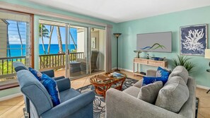 Poipu Palms #101 - Oceanfront Living Room & Lanai - Parrish Kauai