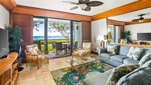 Poipu Kapili Resort #55 - Oceanfront Living Room & Lanai View