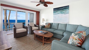 Poipu Palms #203 - Oceanfront Living Room & Lanai View - Parrish Kauai