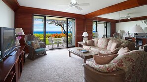 Poipu Kapili Resort #02 - Oceanfront Living Room & Lanai View - Parrish Kauai