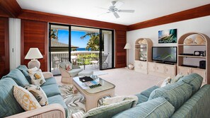 Poipu Kapili Resort #36 - Ocean View Living Room & Lanai View - Parrish Kauai