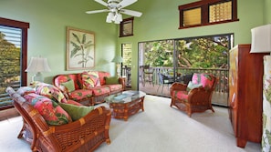 Waikomo Stream Villas #433 - Living Room & Lanai View - Parrish Kauai