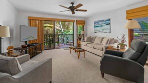 Waikomo Stream Villas #420 - Living Room & Lanai View - Parrish Kauai