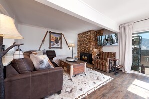 Main Living Space (TV, wood burning fireplace and deck) and awesome views