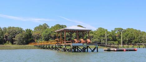 Dock located in no wake zone directly outside of marina entrance on Goat Island side.