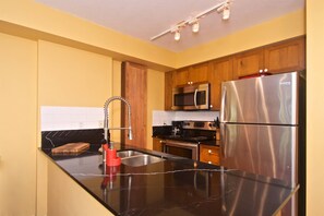 Well equipped kitchen, stainless steel appliances
