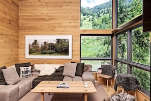 Floor to ceiling windows in the living room provide amazing views of Aspen Mountain