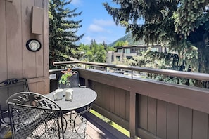 This sunny patio looks out to Aspen mountain