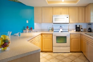 A full, well equipped kitchen.