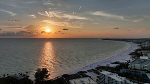 Aerial View of Crescent Beach at sunset.