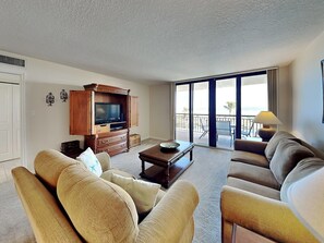 Living Room - Balcony Access, Ocean, Pool Views, Sleeper Sofa + TV