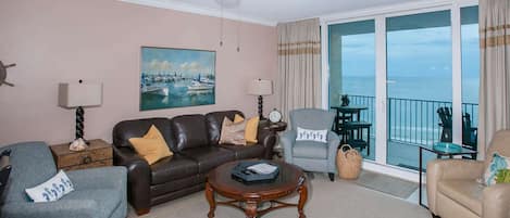 Fully furnished living room with 8th floor Gulf-front views