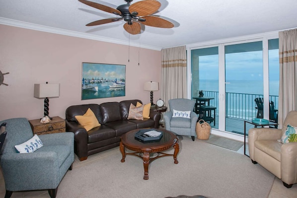Fully furnished living room with 8th floor Gulf-front views