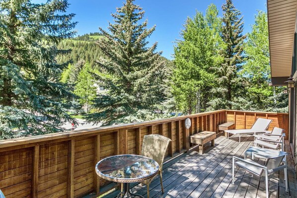 Spacious deck with gas grill and comfortable seating.