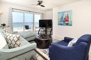 Beautifully upgraded Gulf front living room - Gulf Dunes 416 is now a coastal paradise!