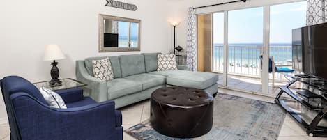 Unbelievable views from this condo! - The vibrant Living Room has a remarkable 4th floor view of the Gulf.