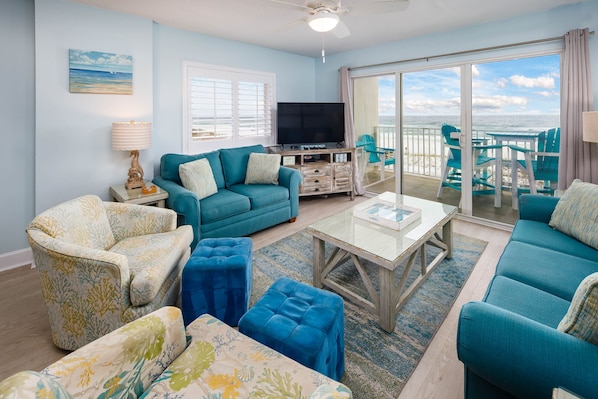 Gulf Dunes 301 is an upgraded masterpiece! - Lots of seating for all guests in the bright beach front living room