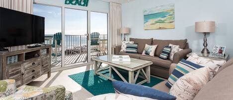 Gulf Dunes 301 is an upgraded masterpiece! - Lots of seating for all guests in the bright beach front living room