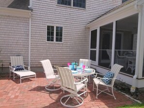 Patio for outdoor dining and screened in porch - 30 Cockle Cove Road Chatham Cape Cod New England Vacation Rentals