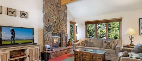 Relax by the fire after a long day on the slopes or golf course.