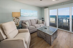 Living Room View - The sofa pulls out into a queen size bed, to sleep two. Comfortable seating for everyone