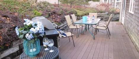Large back deck with outdoor furniture-easy access from dining room- Mostly fenced in back yard for fido! 180 Hardings Beach Road Chatham Cape Cod - New England Vacation Rentals