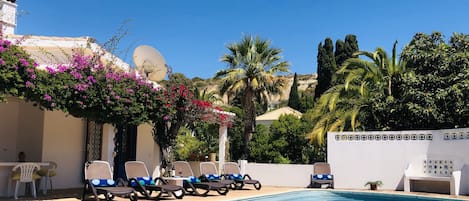 Casa da Figueira's large private pool, terrace and tropical garden. 