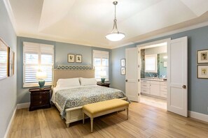 Master Bedroom with king size bed, tv, walk-in closet and master bathroom