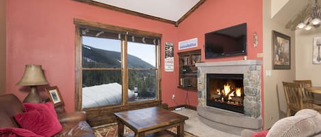 Warm Up In Front Of The Fireplace While Enjoying The Mountain Views