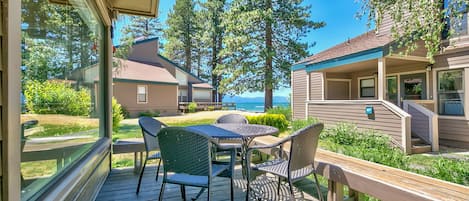 Dine inside or outside with views of the lake. Take a stroll to play, eat, or BBQ right on the private beach.