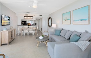 Gather, dine, and unwind in this open, beach-inspired space