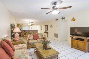 Our living area has space enough for five guests to enjoy movie night or game night.